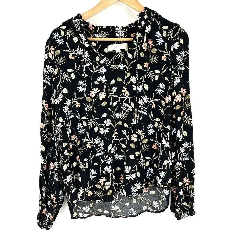 Loft Top Size XS Black Floral Print Blouse Long Sleeve Tie Neck Ruffle Shirt